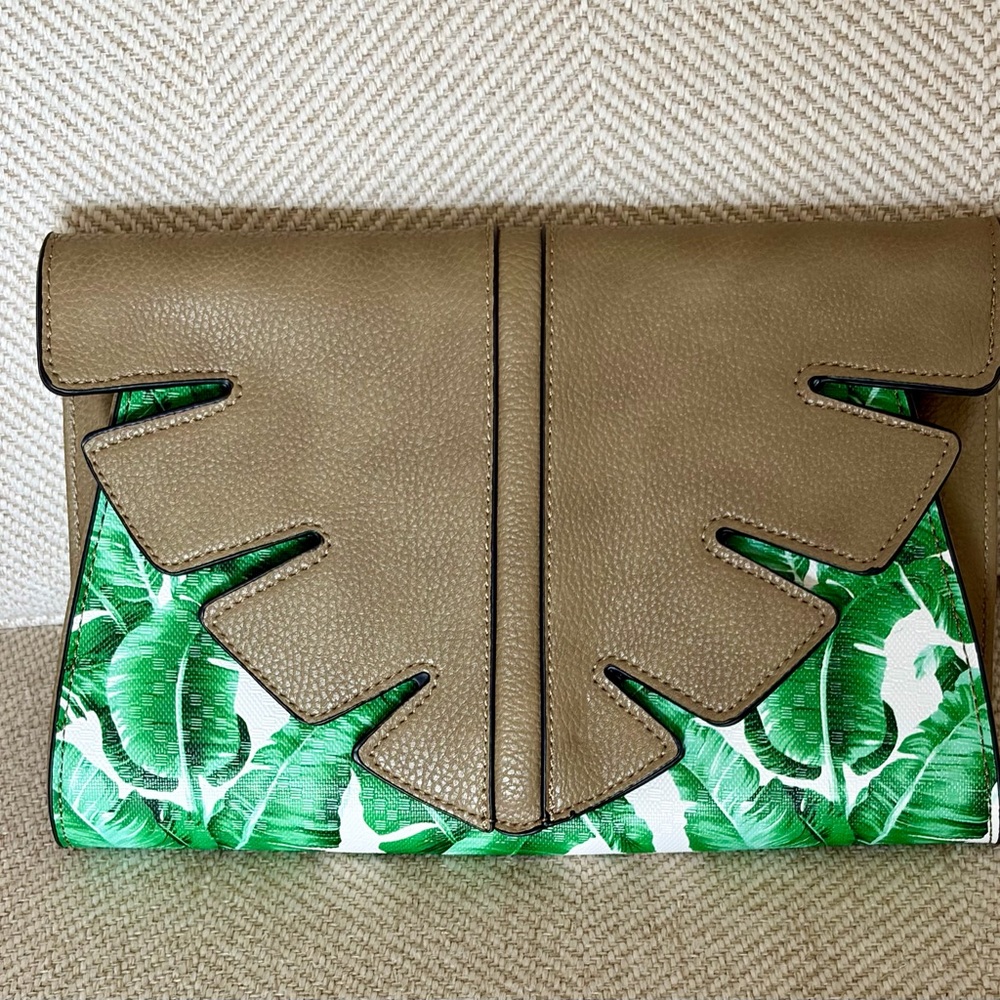 Hawaiian tropical Green Leaf Print Foldover Clutch with Taupe Leather Trim